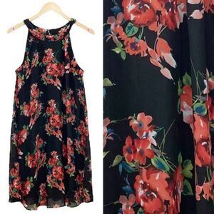 Betsey Johnson Black Floral Georgette High Neck Sleeveless Swing Dress Size 6